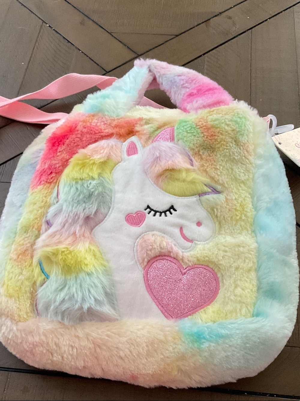 Plush Rainbow Unicorn Kids Crossbody Bag with Pink Heart